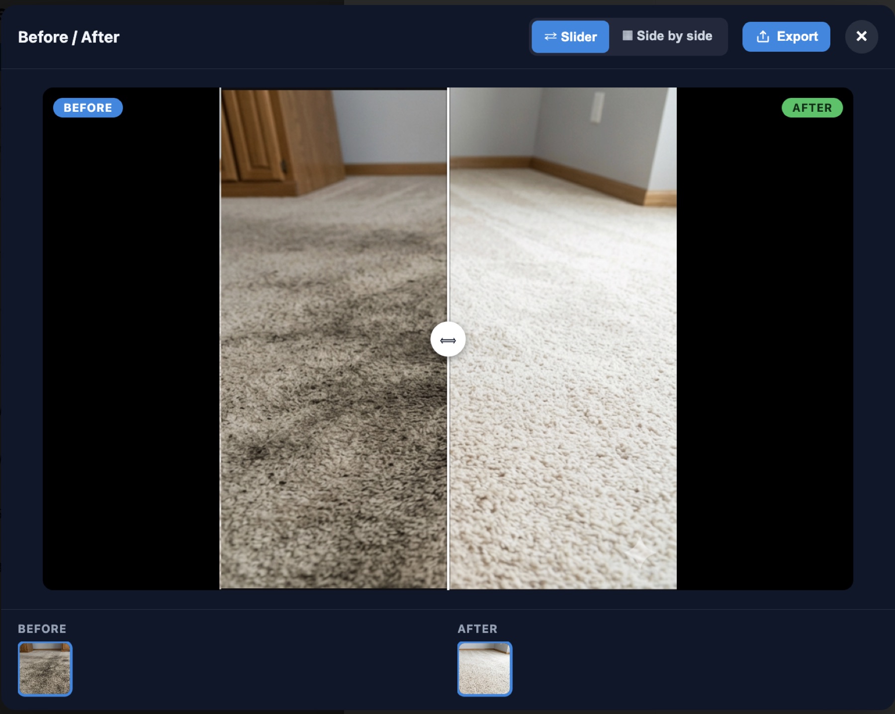 HomerAI before and after viewer showing a dirty carpet on the left and the same carpet cleaned on the right, with a drag handle between them and Slider, Side by side and Export controls.