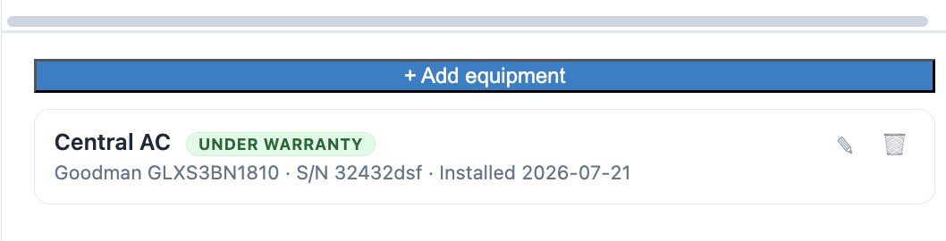 A tracked equipment record showing 'Central AC — Under Warranty' with the Goodman model, serial number, and install date.