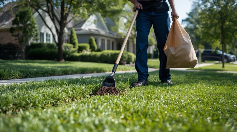 Pet waste removal professional at work