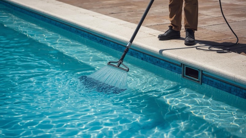 Pool maintenance professional at work