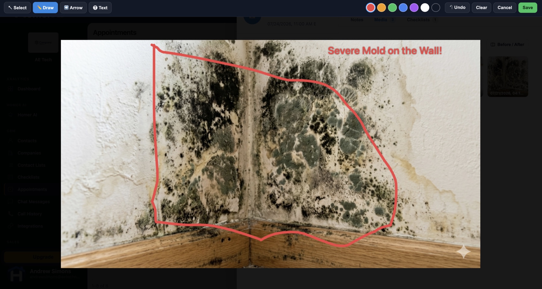 HomerAI photo annotation editor with Draw, Arrow and Text tools, showing a wall of severe mold circled in red and labelled 'Severe Mold on the Wall!'.