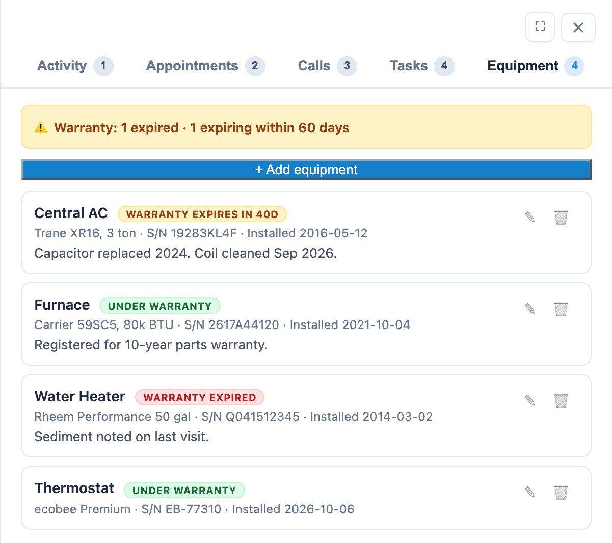 The Equipment tab on a customer in HomerAI, showing a warning banner and four units badged 'Warranty expires in 40d', 'Under warranty' and 'Warranty expired', each with make, model, serial number and install date.