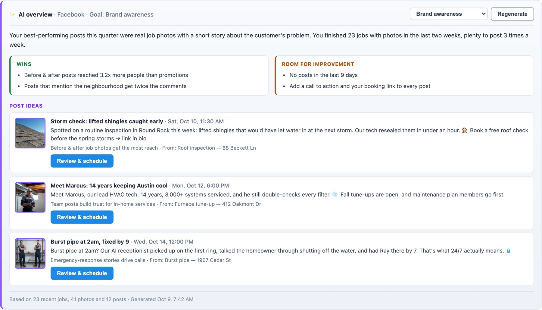 HomerAI social media AI overview for Facebook with the goal 'Brand awareness': a summary, wins, room for improvement, and three post ideas built from recent job photos, each with a suggested date and a Review & schedule button.