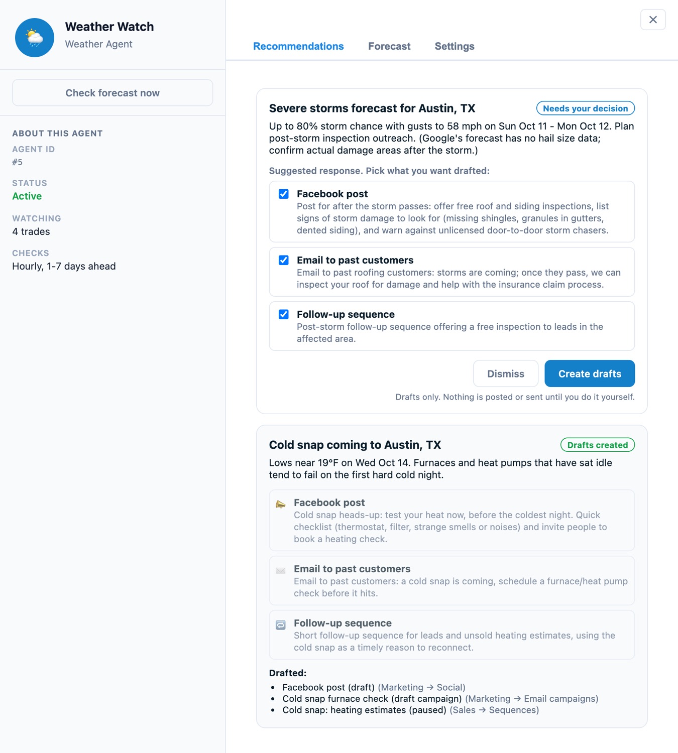 The HomerAI Weather Agent panel: a 'Severe storms forecast for Austin, TX' recommendation with a suggested Facebook post, email to past customers and follow-up sequence, and a 'Cold snap coming' recommendation whose drafts have been created.