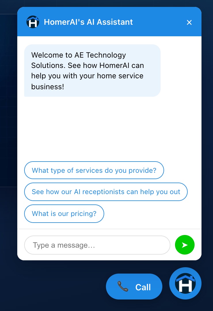 The HomerAI chatbot open on the AE Technology Solutions website: a branded header, a welcome message, three suggested questions and a message box, with the voicebot's Call button beside the chat launcher.