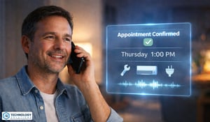 Customer on the phone while an AI voice assistant schedules a home service appointment automatically.