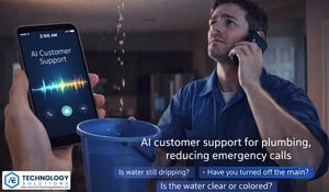 Homeowner catching water from a ceiling leak while using a smartphone conversational AI chatbot for plumbing, demonstrating a 24/7 plumbing answering service and AI receptionist for plumbers providing emergency troubleshooting guidance.