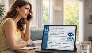 Homeowner using an AI HVAC assistant on a tablet to troubleshoot a cooling issue and schedule a same-day service appointment during a summer heat wave.