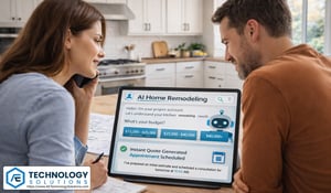 Homeowners reviewing a kitchen remodel plan while using an AI home remodeling assistant on a tablet to receive an instant quote and schedule a consultation.