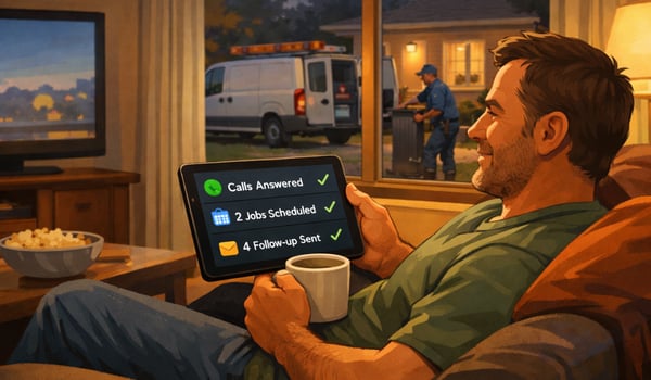 Home services business owner relaxing at home while an AI agent handles calls and bookings on a tablet screen