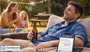 Home services business owner relaxing outdoors with family while a smartphone displays an AI receptionist providing 24/7 call answering, lead capture, and appointment scheduling for plumbers, HVAC, and electricians.