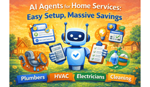 Illustration of a friendly AI agent helping home service businesses automate scheduling and customer support, surrounded by icons representing plumbing, HVAC, electrical, and cleaning services with appointment booking and lead capture tools.