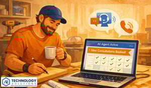 Warm illustration of a home remodeling contractor working in a workshop while a laptop shows an AI agent automatically booking new customer consultations.