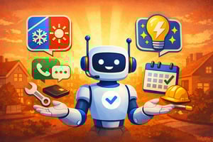 Illustration of a friendly AI robot with simplified robotic hands assisting HVAC, plumbing, and electrical services, surrounded by icons for temperature control, phone support, scheduling, and electrical work against a warm sunset background.