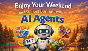 Wide illustration of a friendly AI robot wearing a headset at sunset, symbolizing 24/7 support for HVAC, plumbing, and electrical businesses, with icons for scheduling, phone answering, temperature control, and home services.