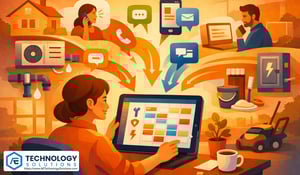 Illustrated home services dispatcher using a tablet to organize incoming customer requests from phone, chat, and web into a scheduled job calendar, with icons representing HVAC, plumbing, electrical, cleaning, and landscaping services in a warm modern business style.