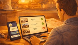 Over-the-shoulder illustration of a home renovation contractor reviewing project inquiries on a laptop, with AI-assisted lead qualification showing approved and declined consultations while a smartphone chatbot captures customer information after hours.