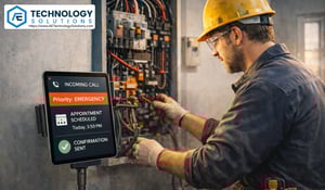 Professional electrician working on a powered-down electrical panel while a mounted tablet displays AI receptionist intake details including emergency priority, scheduled appointment, and confirmation sent, illustrating 24/7 electrician answering service and booking automation.