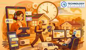 Warm-toned illustration of an HVAC AI receptionist system in action: a technician walks toward a home with a tablet, a large clock symbolizes 24/7 availability, and digital AI interface elements coordinate scheduling and dispatch in the background. The scene conveys automated booking, fast response, and continuous customer support without visible text.