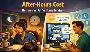 Illustration showing a tired late-night service dispatcher working at a cluttered desk with a headset and ringing phone, contrasted with a homeowner easily interacting with an AI assistant on a computer to schedule a repair after hours.