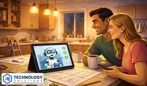 Illustration of a couple planning a kitchen renovation in the evening, reviewing blueprints and material samples while using a tablet with an AI assistant to schedule a remodeling consultation.