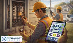 Illustration of electricians diagnosing a residential breaker panel outside a home during the day while a smartphone displays an AI assistant helping coordinate electrical service and job intake.