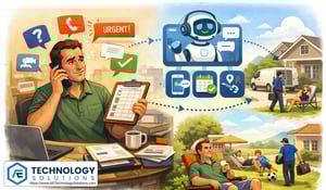 Illustration of a busy home services owner managing incoming calls, schedules, and job requests while an AI system handles customer communication and booking tasks in the background, representing how AI agents help service businesses save time, increase revenue, and reduce operational stress.