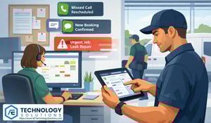 Illustration of a home services technician reviewing a digital work order on a tablet while automated notifications organize incoming customer requests in the background, representing how AI agents streamline scheduling and reduce administrative labor for service businesses.