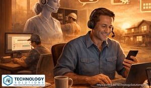 Illustration of an electrical business owner calmly managing service operations on a laptop and phone while electricians work in the field installing equipment and servicing homes. AI automation tools handle scheduling, communication, and triage in the background, symbolizing how AI agents reduce interruptions and improve operational efficiency.
