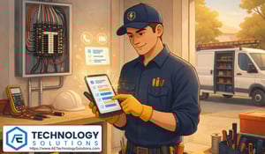 AI receptionist for electricians managing inbound calls, scheduling, and job intake while a technician reviews organized service requests on a mobile device in a clean workspace