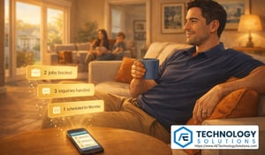 AI agents for home services managing weekend calls, scheduling, and lead intake while a business owner relaxes at home with jobs being booked automatically.