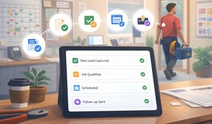 Illustrated home services office using AI agents to capture leads, qualify jobs, automate scheduling, and improve customer response for HVAC, plumbing, and electrical businesses