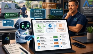 AI agent managing home services front office operations on tablet, capturing leads, qualifying jobs, scheduling appointments, and automating customer follow-ups for HVAC, plumbing, and electrical businesses