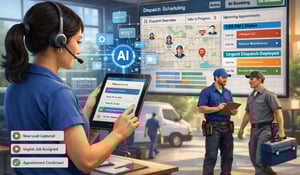 AI receptionist for HVAC capturing inbound service requests on a tablet while dispatch and scheduling workflows update in real time to improve technician utilization and response speed