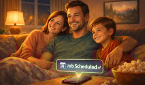 Illustrated home services business owner enjoying family time while AI receptionist, AI booking automation, and call answering service manage scheduling, shown by a “job scheduled” notification on a smartphone.