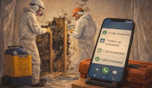 Illustration of mold remediation technicians performing black mold removal while an AI call answering service captures leads, schedules follow-ups, and books jobs, shown on a smartphone with real-time updates.