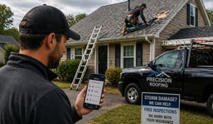 AI roofing contractor reviewing storm activity on a smartphone showing calls answered, inspections scheduled, confirmations, and follow-ups while a roof inspection is underway outside a home, illustrating automated lead capture and booking after a storm
