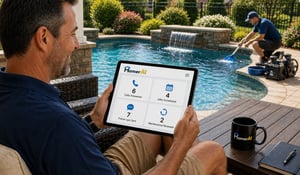 Pool service business owner reviewing a tablet showing calls answered, jobs scheduled, follow-ups sent, and renewals while technicians maintain a backyard pool, illustrating AI-driven efficiency and recurring revenue growth for pool companies.