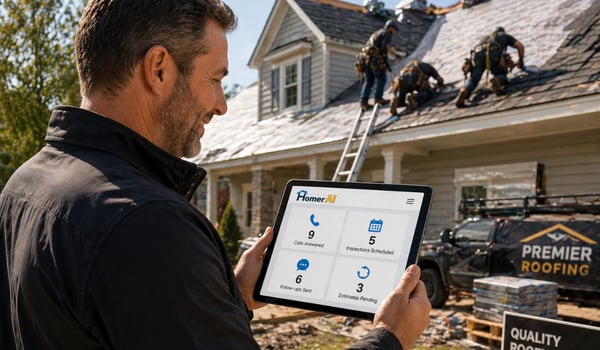 Roofing business owner reviewing a Homer AI dashboard while a roofing crew works on a home roof
