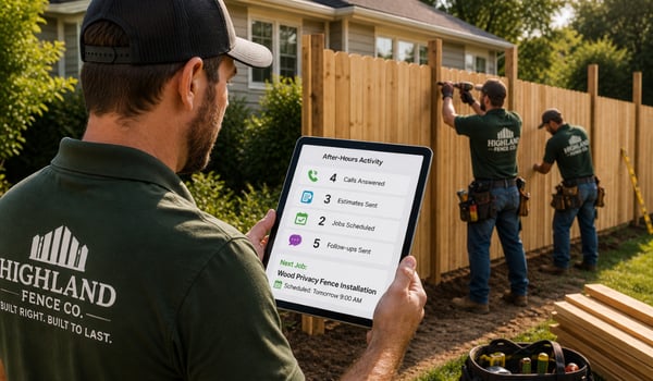 AI fencing contractor reviewing project updates on a tablet while a fence crew works onsite