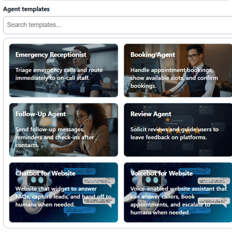 Panel from the Homer AI Application showing AI Agent role templates.