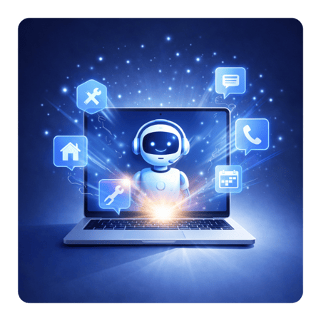 Image showing an AI Assistant on a laptop interfacing with calls, emails, sms messages, scheduling calendars, and CRMs.