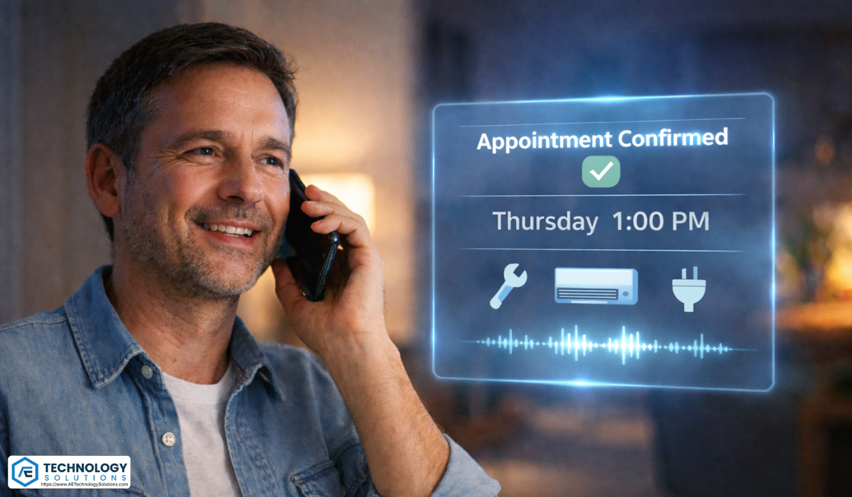 Customer on the phone while an AI voice assistant schedules a home service appointment automatically.