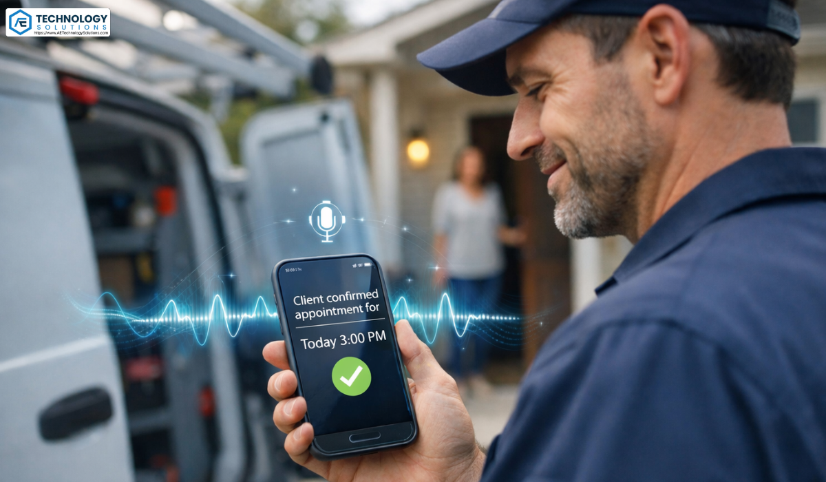 HVAC technician viewing AI-powered client-confirmation for a service appointment on their smartphone outside residential home with service van