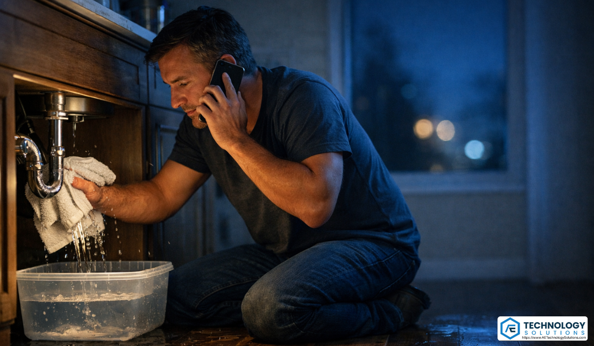 Homeowner dealing with a nighttime pipe leak while calling an emergency plumbing service.