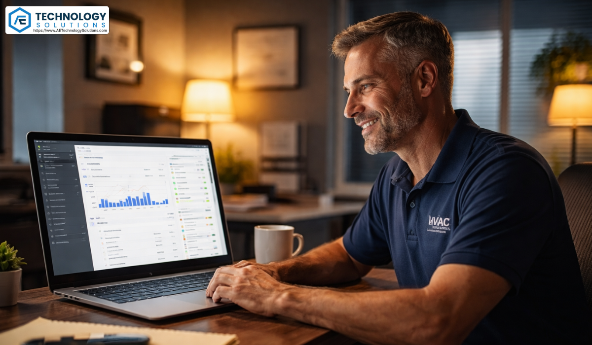 Home service business owner reviewing call activity and appointment bookings on a laptop in an evening office, representing AI voice agents capturing customer calls and scheduling jobs 24/7 for HVAC, plumbing, and electrical businesses.