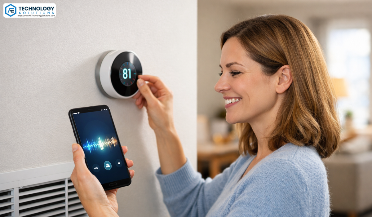 Homeowner adjusting a smart thermostat while using a smartphone AI assistant for HVAC troubleshooting, demonstrating intelligent remote customer support for home services.