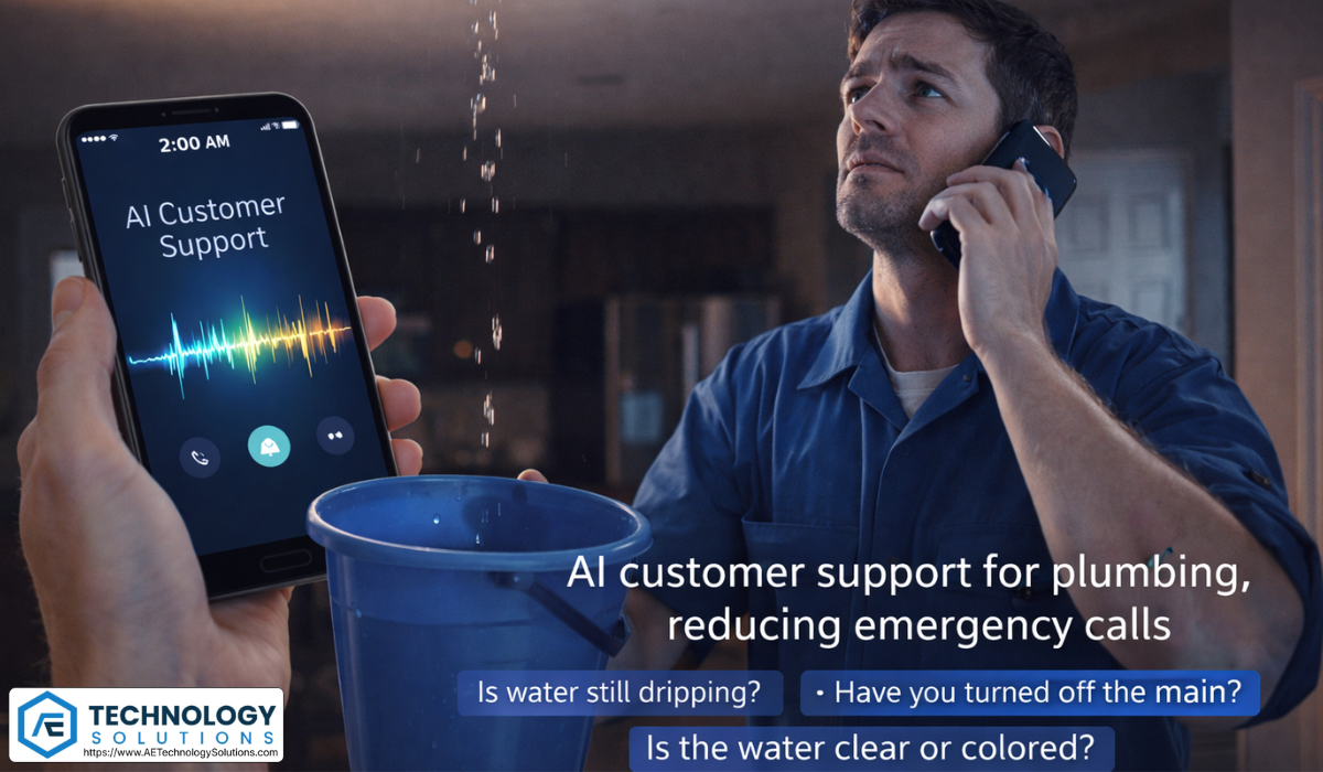 Homeowner catching water from a ceiling leak while using a smartphone conversational AI chatbot for plumbing, demonstrating a 24/7 plumbing answering service and AI receptionist for plumbers providing emergency troubleshooting guidance.