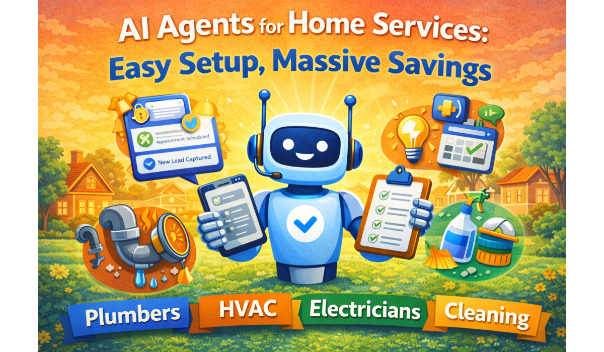 Illustration of a friendly AI agent helping home service businesses automate scheduling and customer support, surrounded by icons representing plumbing, HVAC, electrical, and cleaning services with appointment booking and lead capture tools.