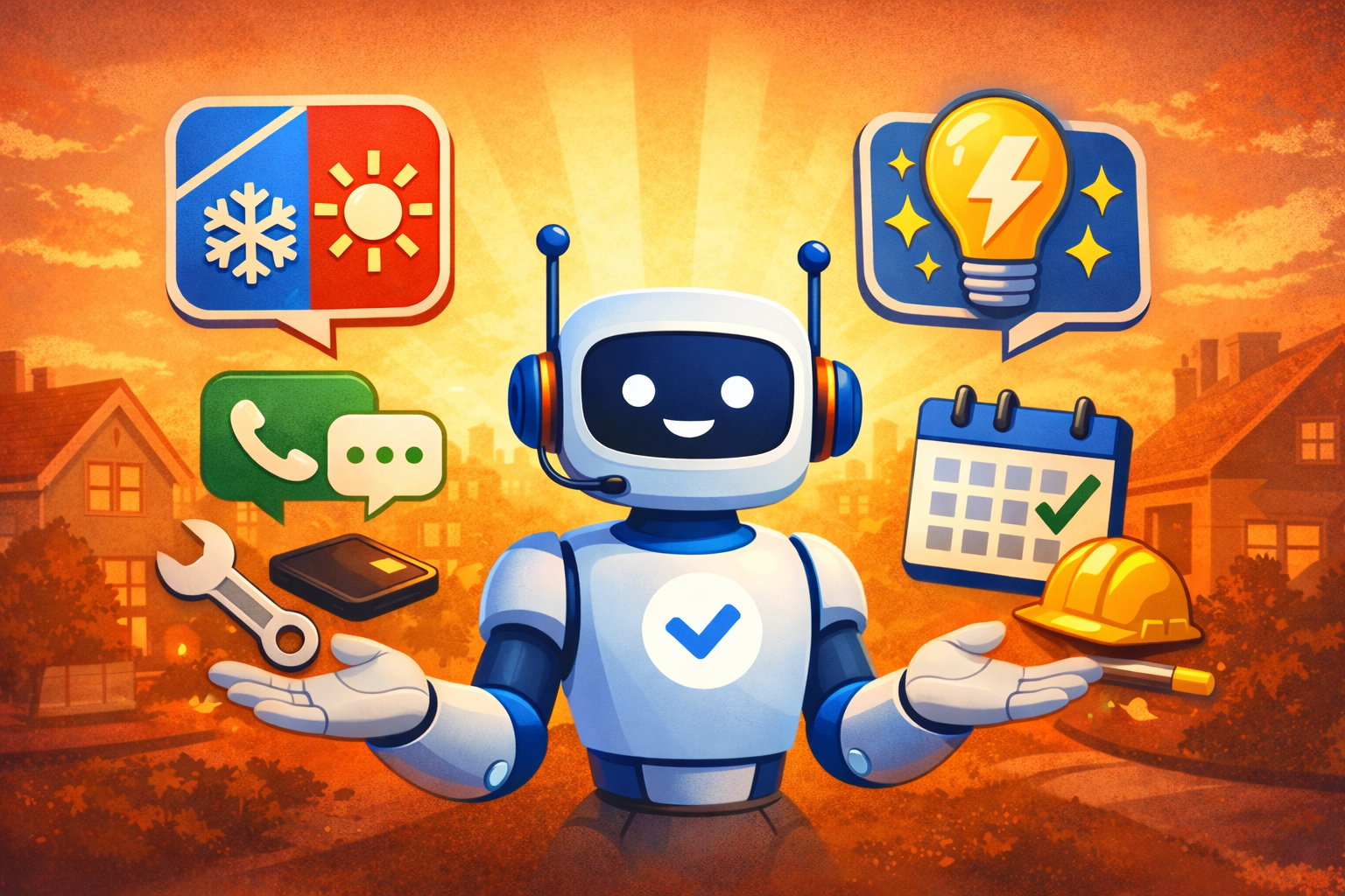 Illustration of a friendly AI robot with simplified robotic hands assisting HVAC, plumbing, and electrical services, surrounded by icons for temperature control, phone support, scheduling, and electrical work against a warm sunset background.